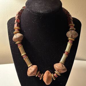 Earth Tone Wooden, Clay and Mixed Media Beaded Statement Necklace 18.5”